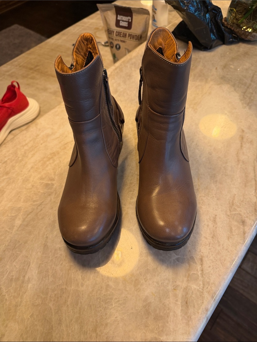 Bueno Taupe Leather Ankle Boots with Buckle Accent - Picture 2 of 7